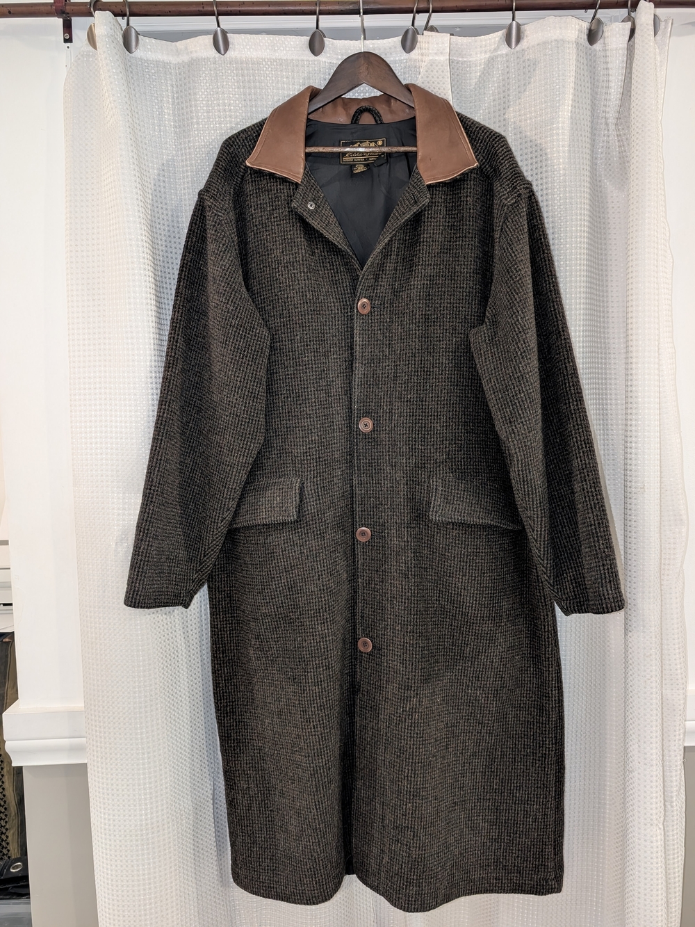 VTG 80's Eddie Bauer Earth-tone Tweed Wool Brown Leather Long Coat Men's LG Tall